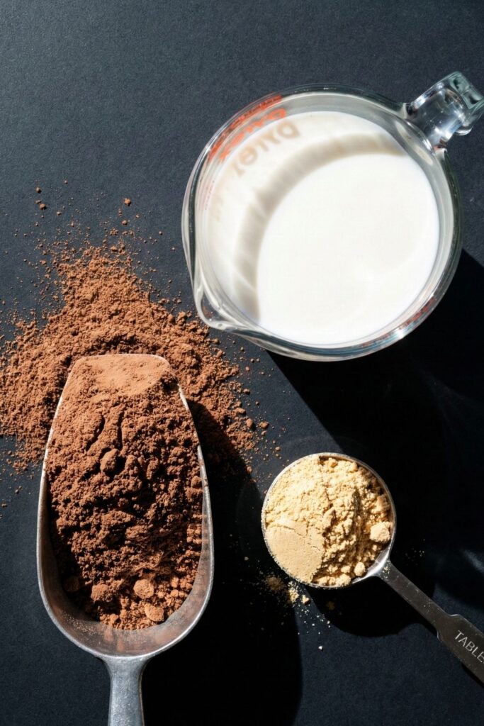 Overhead shot of high-protein pudding ingredients featuring dark chocolate casein powder, a glass measuring cup of almond milk, and a tablespoon of peanut butter powder under sharp, hard light.
