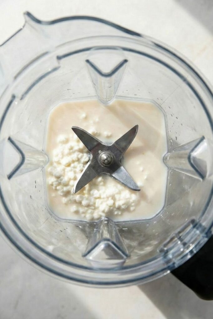 Low fat cottage cheese and almond milk added to the bottom of a blender to ensure a smooth, creamy ice cream base.