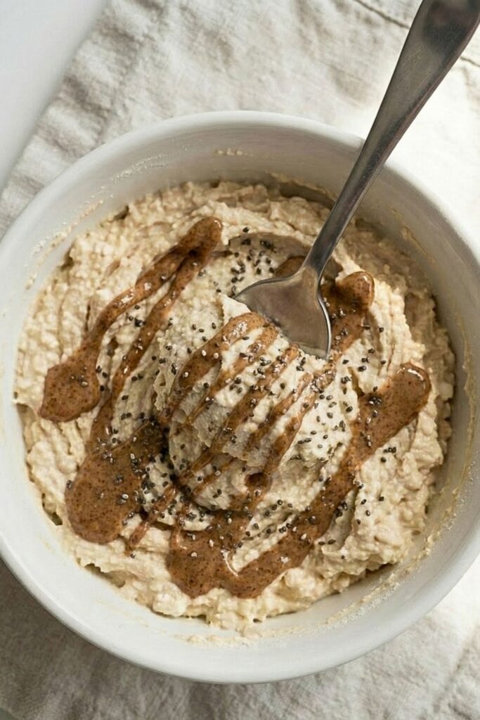 High protein cottage cheese and chia seed satiety bowl with a weighted spoon resting in it.