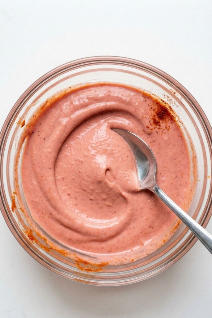 High protein cottage cheese garlic sauce with hot sauce swirled in a glass bowl, creating a creamy pink dipping sauce.