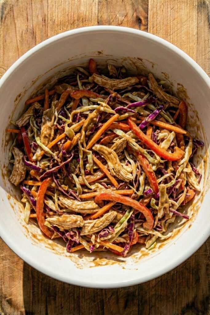 A close-up overhead shot of a fully mixed Thai peanut chicken salad in a white bowl, showing every ingredient perfectly coated in glossy dressing.