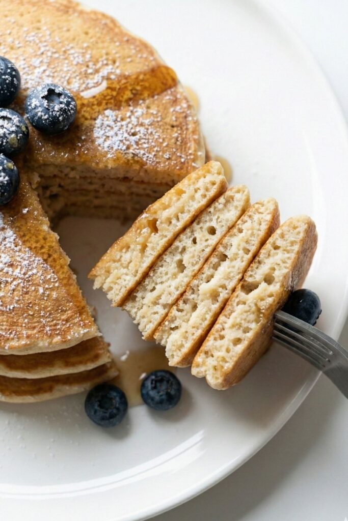 A fork cutting into a stack of soft protein pancakes to reveal the moist, cake-like crumb texture inside, demonstrating they are easy to digest.