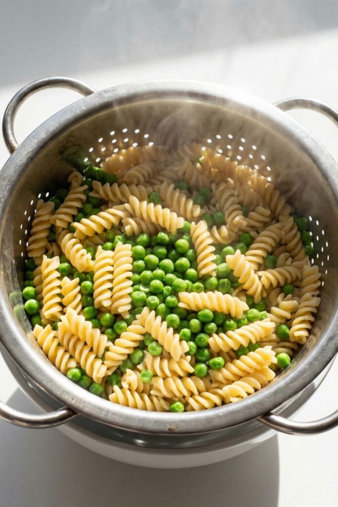drained pasta and peas colander