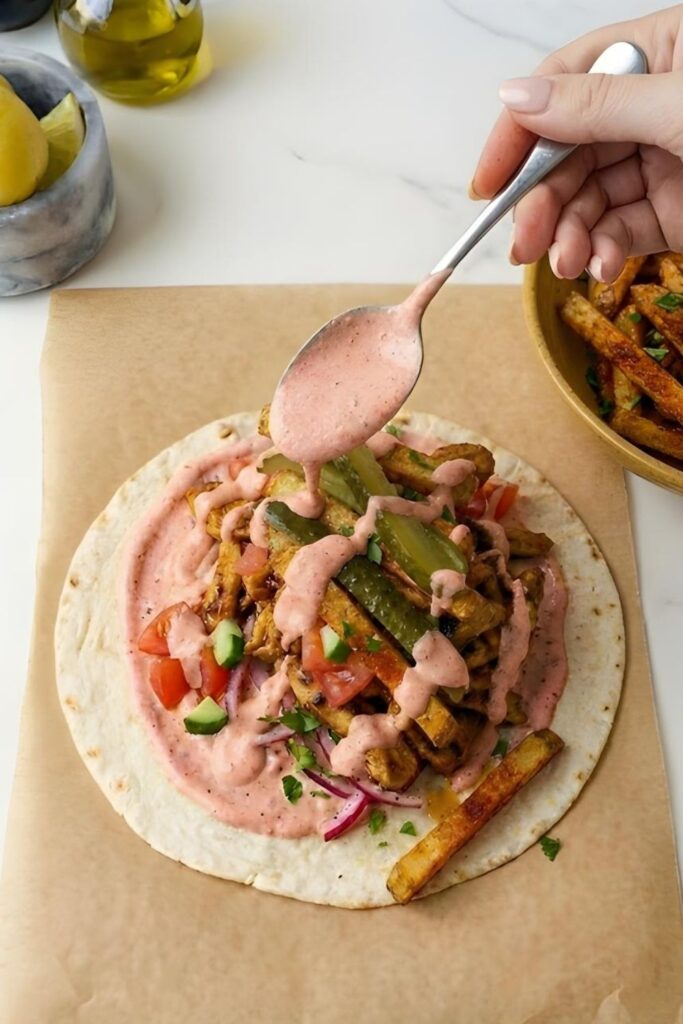 Drizzling extra high-protein pink cottage cheese sauce over the fully loaded open shawarma wrap before rolling.