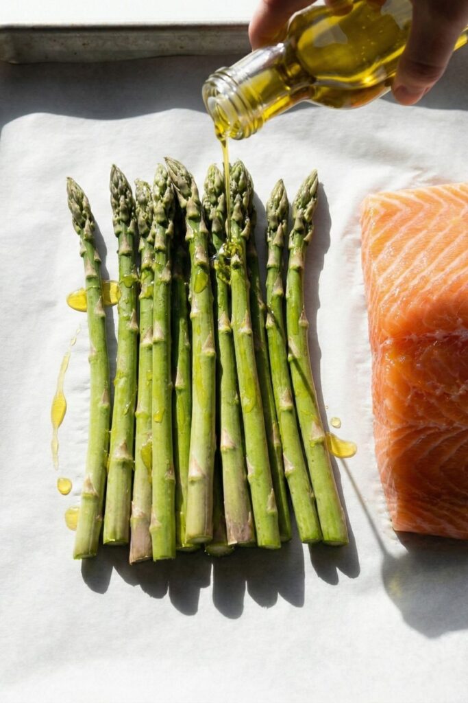 A hand pouring a stream of olive oil over raw asparagus and salmon on a sheet pan, with the oil glistening on the vegetables in direct sunlight.