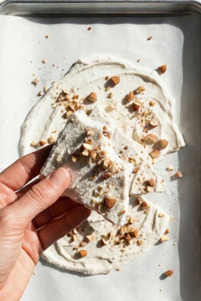 A hand holding a piece of frozen protein bark with a bite taken out of it, revealing the dense, creamy interior texture against a bright, high-contrast background.