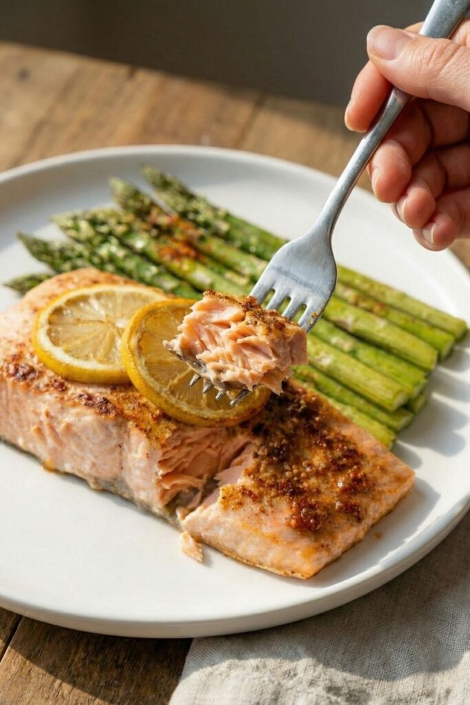 Close-up of a fork holding a bite of moist, flaky cooked salmon, highlighting the tender texture and seasoning.