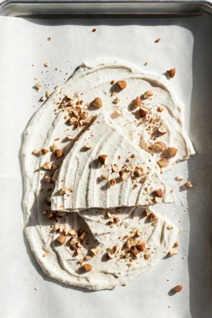 Finished frozen yogurt bark snapped into large, jagged shards stacked on a baking sheet, showing the frosty texture and crunchy almond topping.