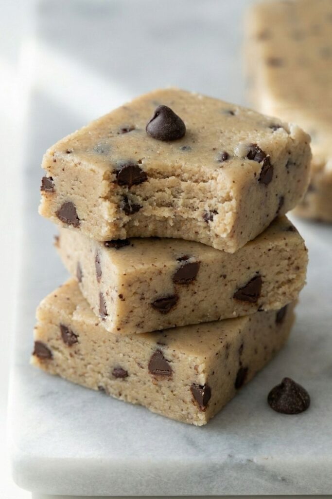 A stack of three fudgy collagen protein bars with chocolate chips, showing the chewy texture of this healthy low sugar snack.