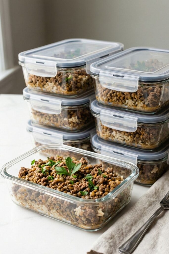 A stack of glass meal prep containers filled with healthy beef and cabbage meals, sitting on a kitchen counter to show weekly food abundance.