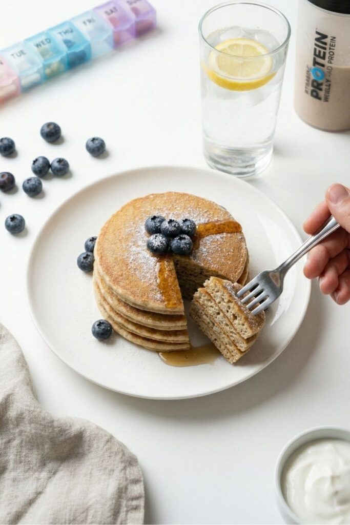 A healthy nausea-friendly breakfast setting with a stack of pancakes, a glass of water, and a fork, designed for the GLP-1 lifestyle.