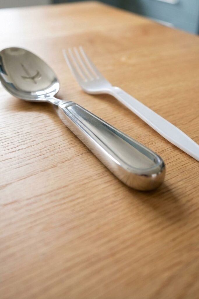 Side by side comparison showing the thickness of a heavy weighted fork versus a cheap plastic fork.