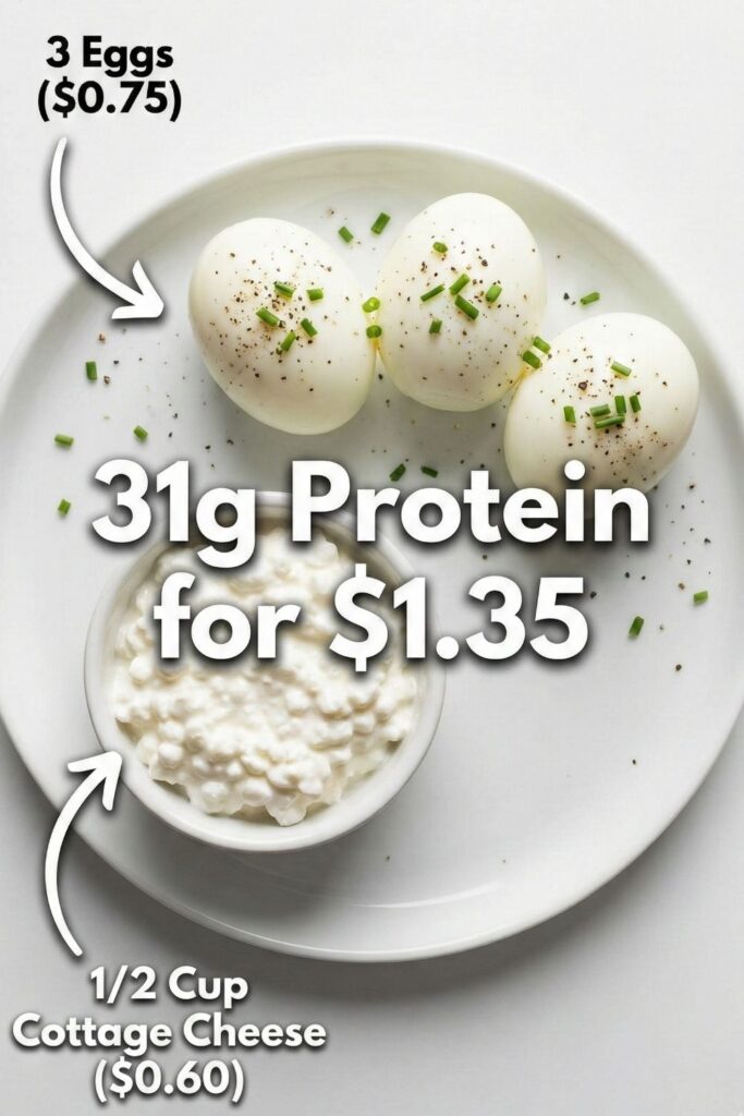 An overhead shot of a breakfast plate containing eggs and cottage cheese, with text overlays calculating the total protein (31g) and low cost ($1.35).