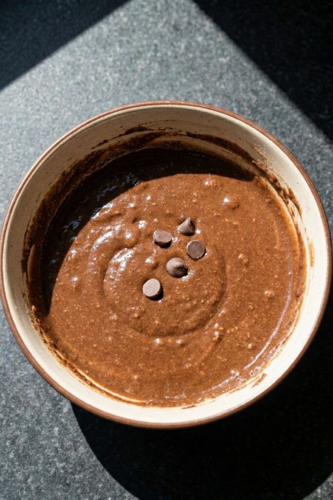 A perfectly smooth bowl of dark chocolate casein pudding topped with a few chocolate chips, photographed from overhead to highlight the glossy, fudge-like consistency.