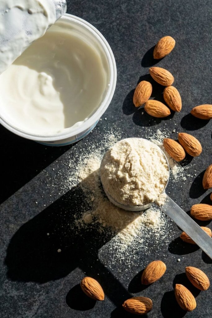 Overhead shot of healthy snack ingredients including an open tub of Greek yogurt, a scoop of protein powder with messy spill, and scattered whole almonds under hard sunlight.