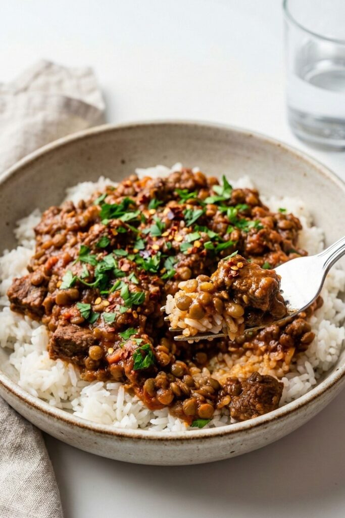 A close-up, top-down view of a savory Ground Beef and Lentil bowl garnished with fresh parsley and chili flakes, served on a white table.