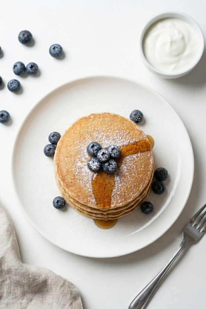 Side view of a tall stack of fluffy protein pancakes showing the thick, soft layers, perfect for an Ozempic friendly breakfast.