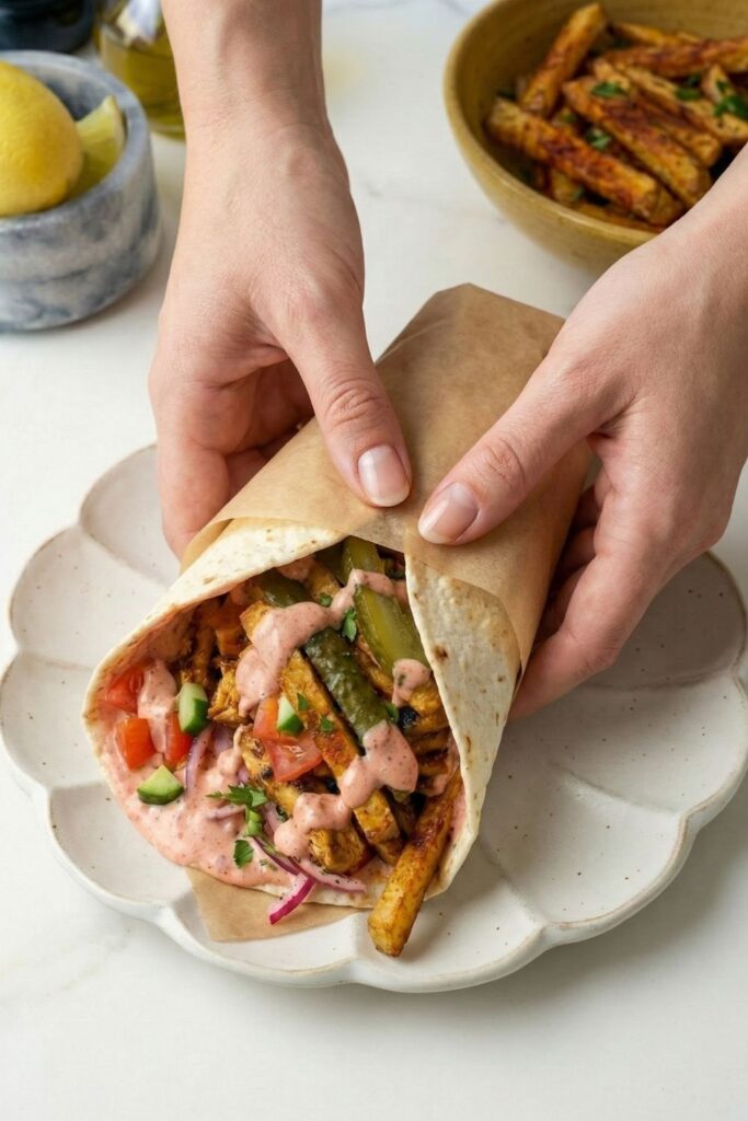 Two hands holding a rolled healthy chicken shawarma wrap filled with pickles, fries, and sauce.