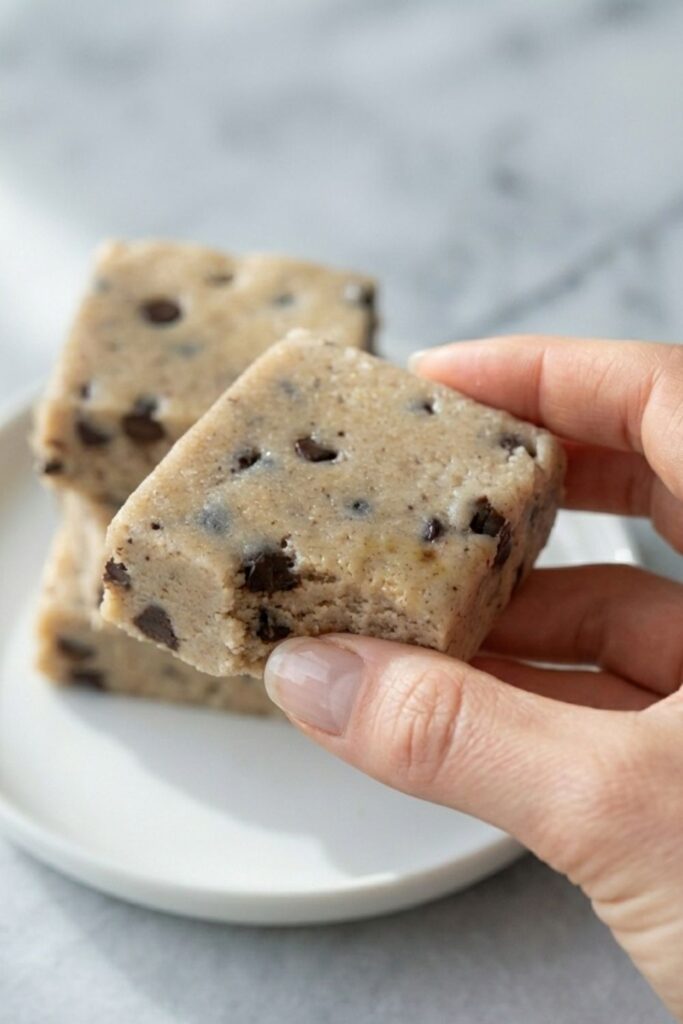Woman's hand holding a homemade high fiber protein bar, showing the serving size of this perfect 3pm healthy snack.