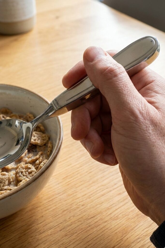 Point of view shot holding a heavy stainless steel spoon for portion control.