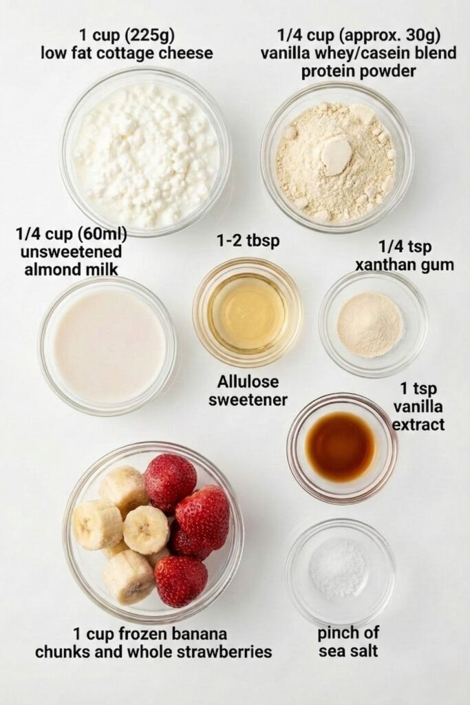 Overhead flat lay of ingredients for healthy ice cream, including Daisy cottage cheese, vanilla protein powder, and unsweetened almond milk on a kitchen counter.