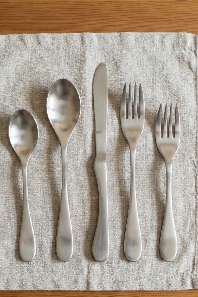 Aesthetic matte silver heavy cutlery set laid out on a linen napkin for a luxury dining experience.