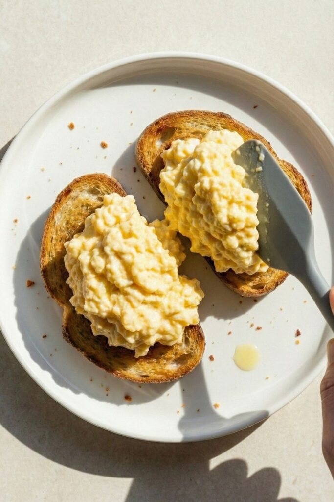 Piling fluffy, high-protein cottage cheese scrambled eggs onto two slices of golden-brown toasted sourdough bread.