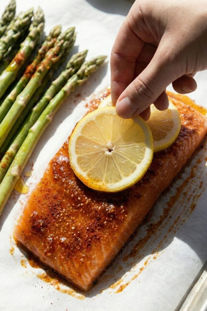 A hand placing a fresh round lemon slice on top of a marinated and seasoned salmon fillet, with coated asparagus spears on the side.