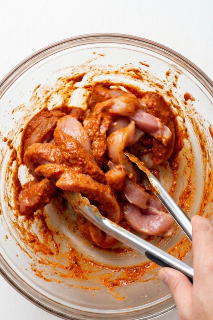 Mixing raw chicken breast strips with thick red yogurt shawarma marinade in a glass bowl.