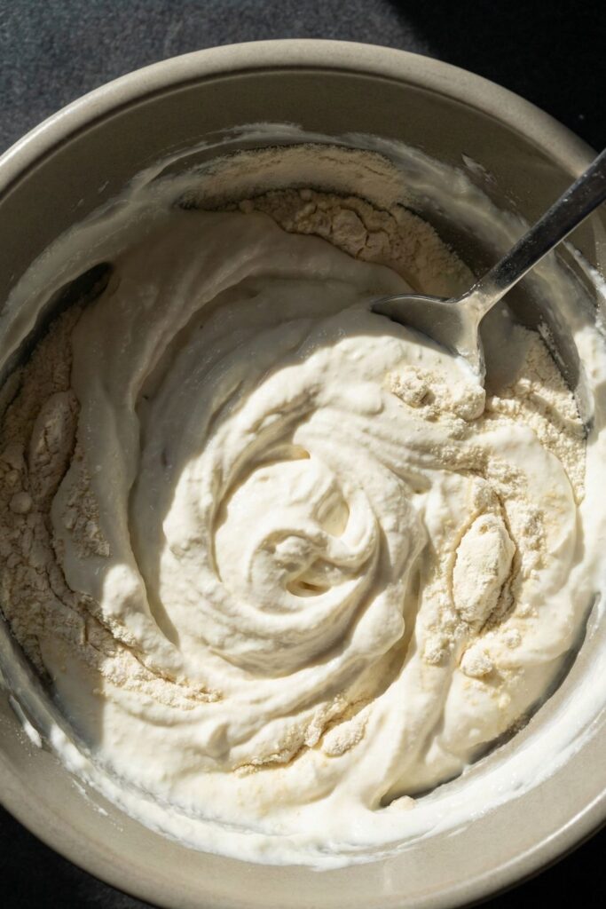Top-down view into a bowl showing the thick, swirling texture of protein powder being folded into Greek yogurt, highlighted by sharp shadows.