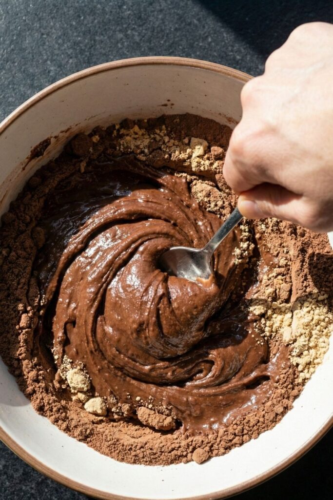 A hand stirring thick, fudge-like chocolate protein batter with a spoon, showing deep swirls and a rich, glossy texture that proves the density of the snack.