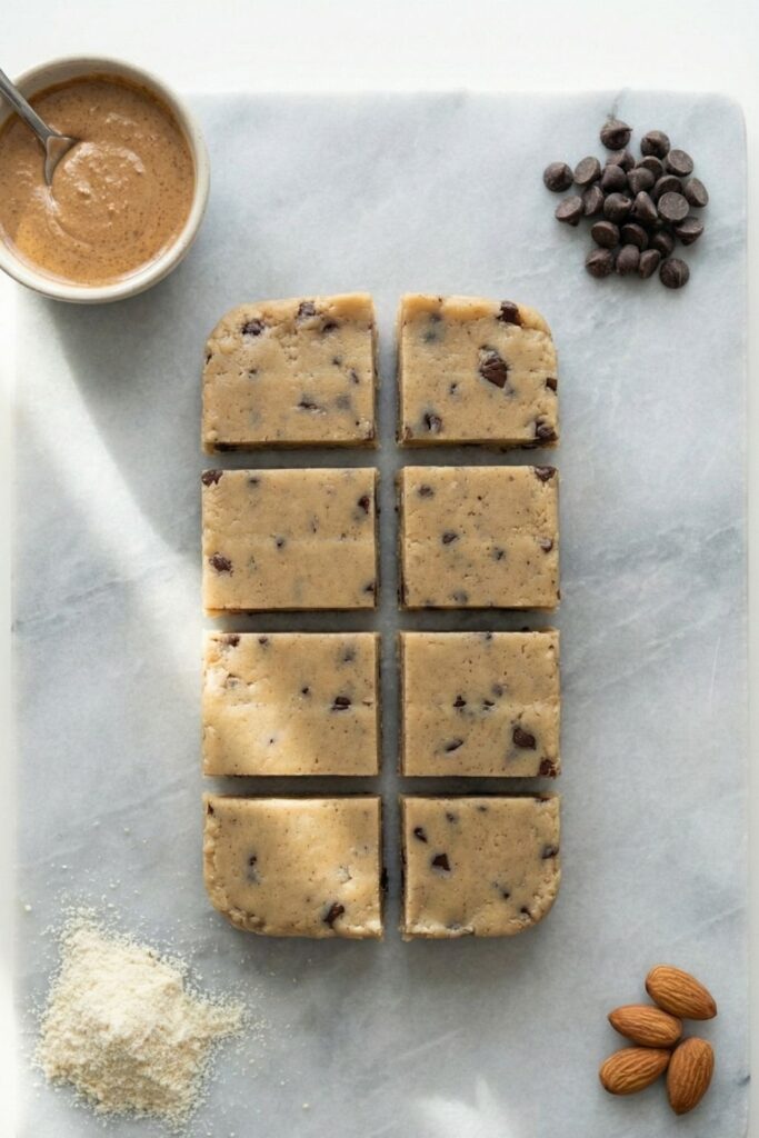 Top-down view of square-cut no bake collagen protein bars arranged in a neat grid on a white surface, showing a high protein GLP-1 friendly snack meal prep.