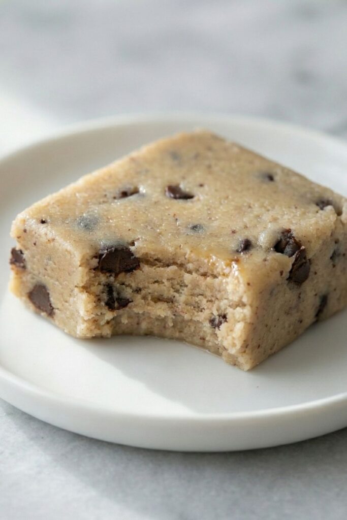 Close up of a single collagen protein bar with a bite taken out, revealing a dense and moist interior texture similar to a brownie.