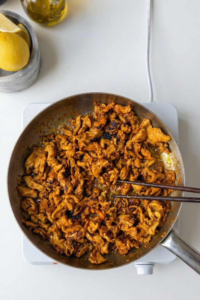 Searing marinated chicken shawarma strips in a stainless steel skillet until charred and golden brown.