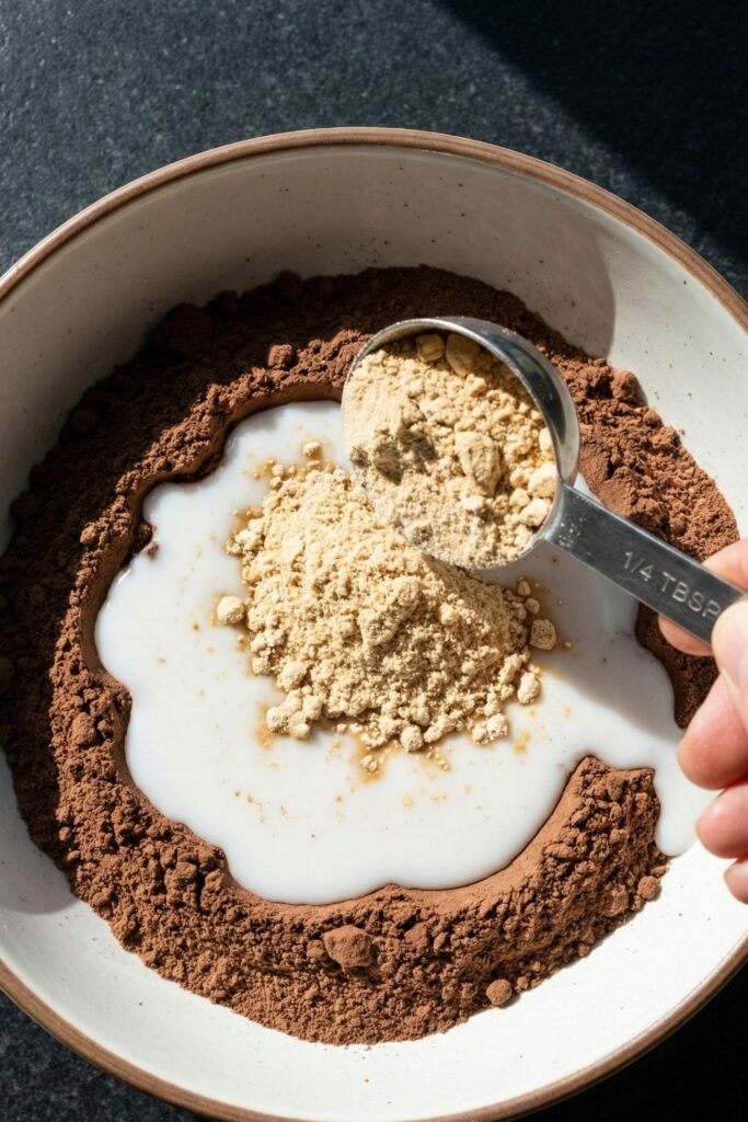 Close-up of peanut butter powder being dumped onto unmixed chocolate protein powder and milk, creating a textured, multi-colored terrain map of ingredients.