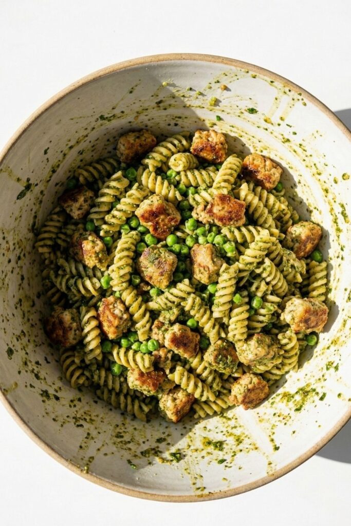 pesto chicken pasta salad mixing