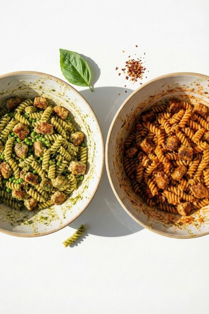 pesto vs buffalo chicken pasta bowls