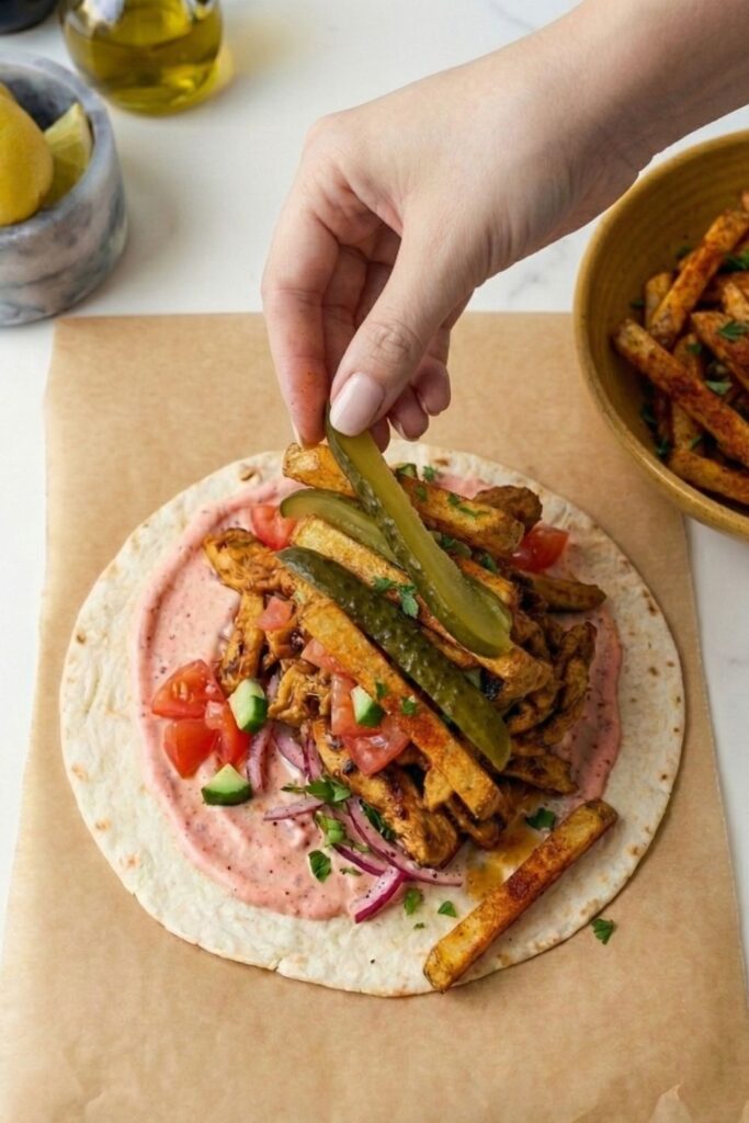 Placing long strips of pickled cucumber on top of the shawarma filling for authentic acidity.