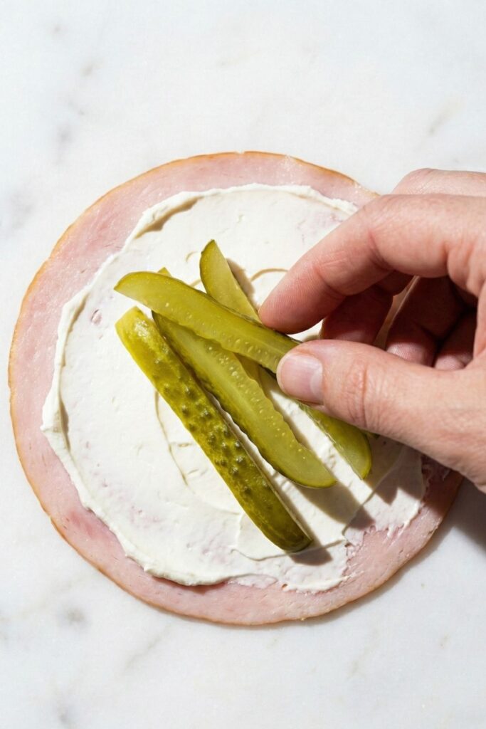 A hand placing crunchy green pickle strips onto a cream cheese-covered turkey slice, highlighting the vibrant contrast between the pink meat and green vegetable.