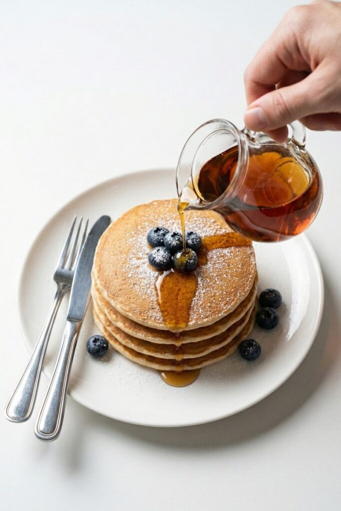 A full stack of cooked high protein pancakes plated and ready to eat, served with a fork and knife on a clean table.