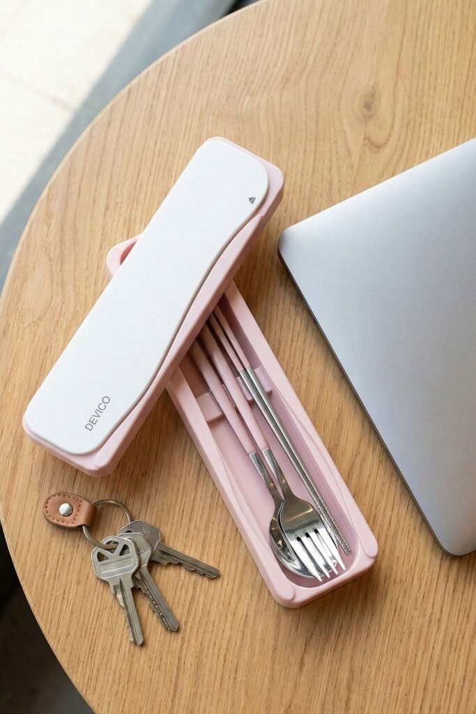 Portable stainless steel travel cutlery set inside a carrying case for office lunches.