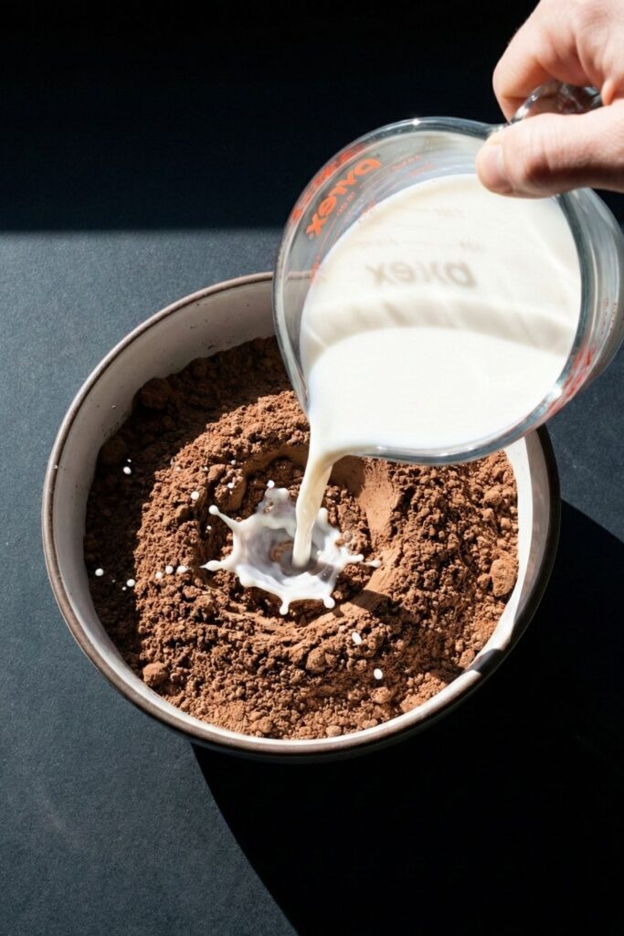 Action shot of a hand pouring white almond milk into a bowl of dark chocolate casein powder, capturing the splash and high contrast between the liquid and dry ingredients.