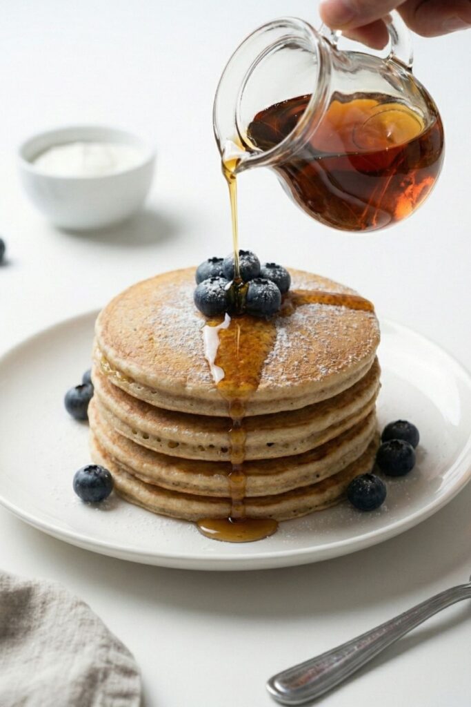 Top-down view of a stack of high protein pancakes for GLP-1 weight loss, topped with Greek yogurt and berries on a white plate.