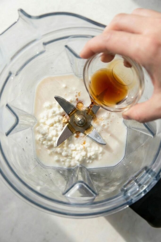 Pouring vanilla extract into the blender over cottage cheese to prepare the high protein frozen dessert mixture.