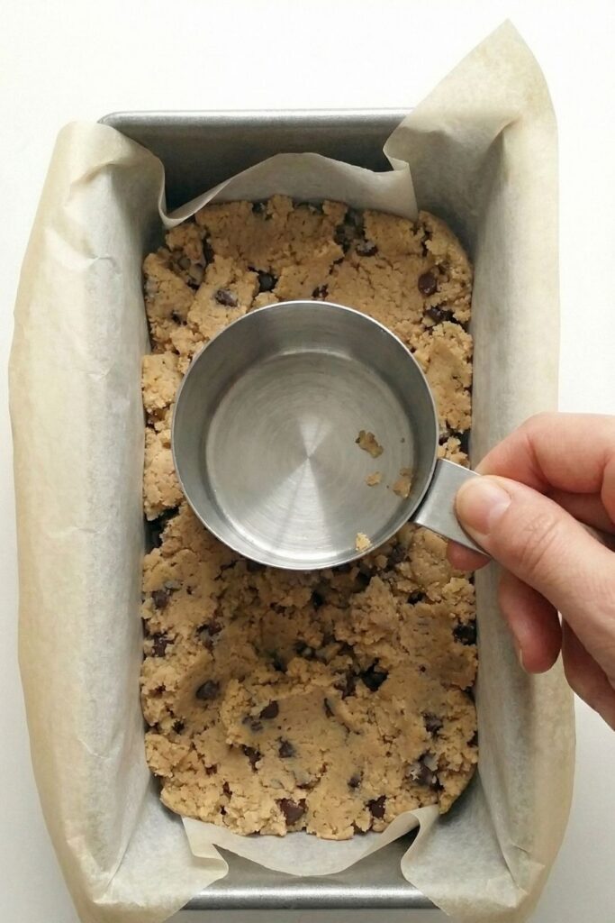 The dough pressed firmly into the pan with a smooth flat surface, ready for the fridge.