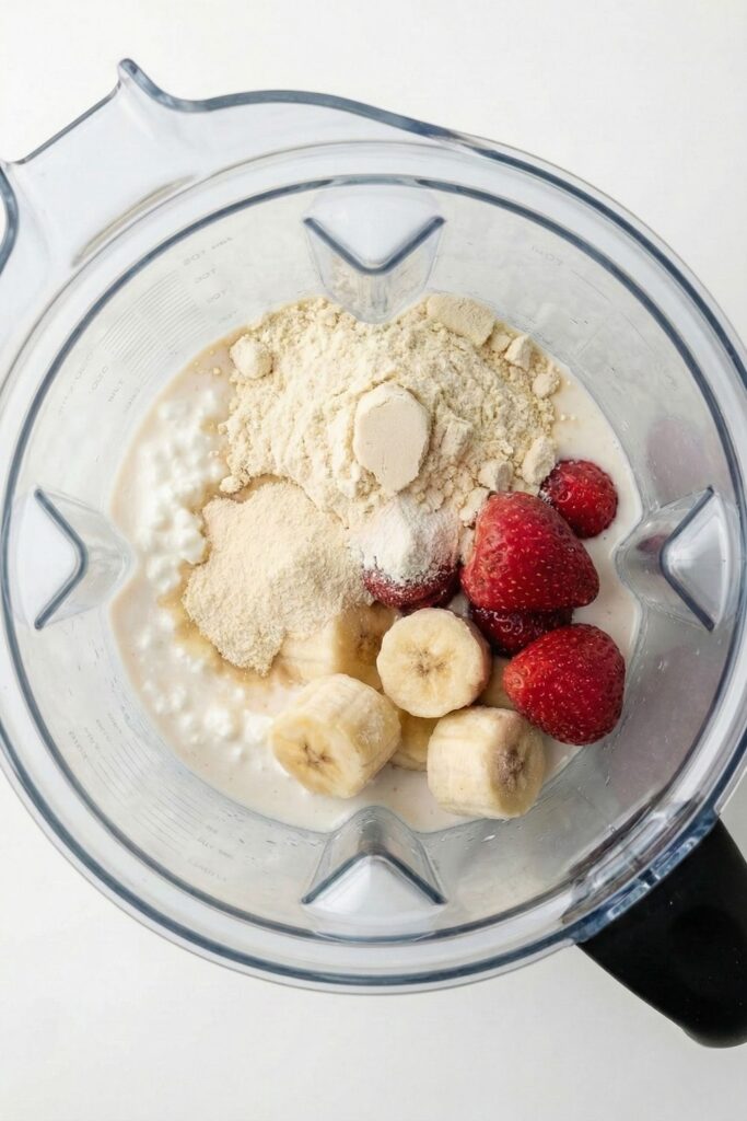 A scoop of vanilla whey casein blend protein powder and xanthan gum sitting on top of wet ingredients in a blender jar.