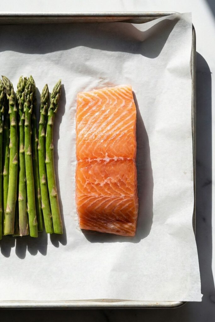 Overhead shot of a raw salmon fillet and fresh asparagus spears arranged symmetrically on a white parchment-lined baking sheet under bright hard light.