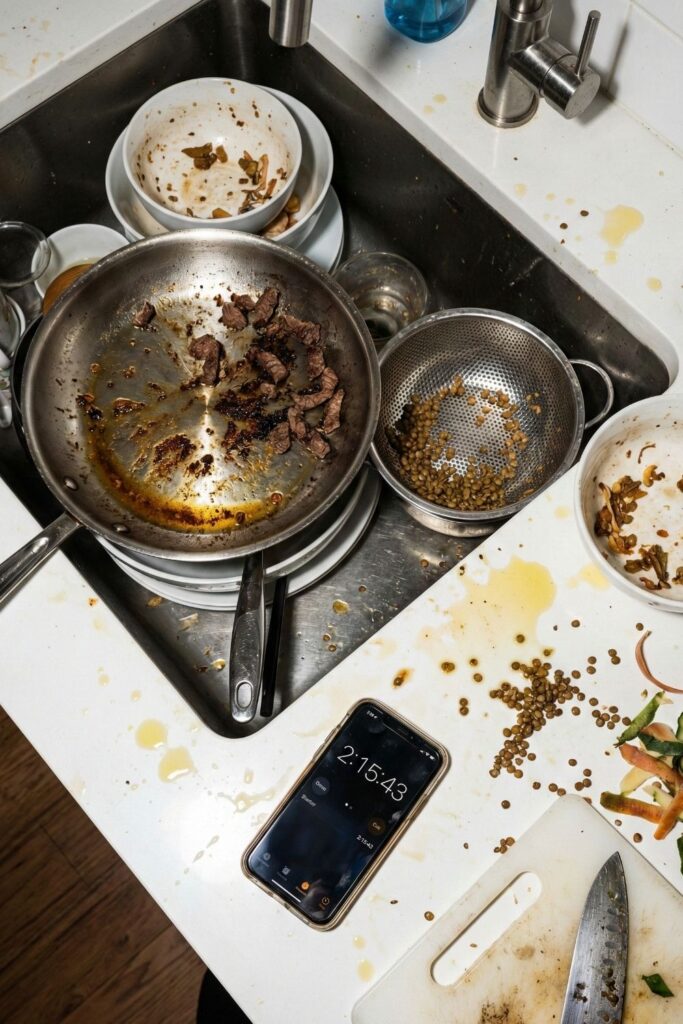 A realistic view of a kitchen sink full of dirty dishes and pots after a Sunday meal prep session, illustrating the time investment of budget cooking.