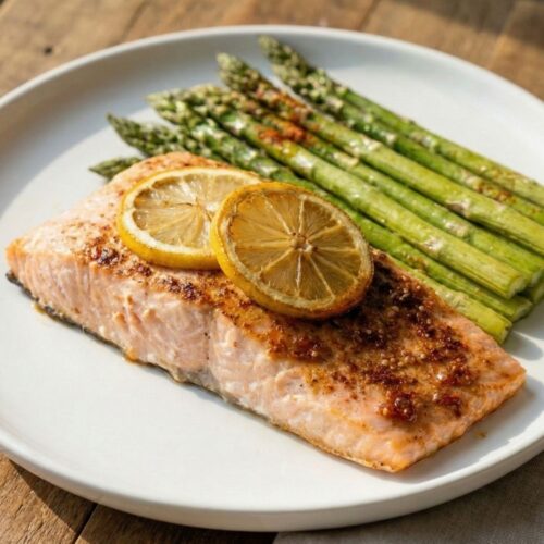 Vertical hero shot of roasted salmon topped with lemon slices and served with asparagus on a white plate, set against a wooden table with a linen napkin.