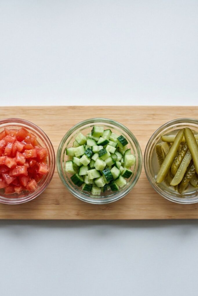 Fresh chopped shawarma toppings including diced tomatoes, cucumbers, and sliced pickles in individual glass bowls.